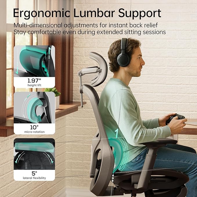 Hbada P2 Ergonomic Office Chair, Office Chair with 3D Lumbar Support, Mesh Chairs with 3D 360° Rotation Arm & 3D Headrest, 135° Stepless Tilt Function, Black(with Footrest)