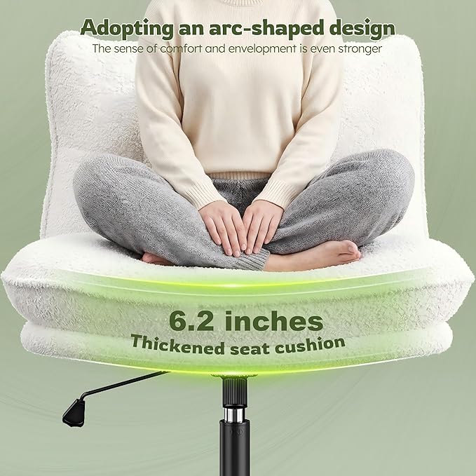 DurayLoly Criss Cross Chair with Wheels, 6.2" Extra Thick Cross Legged Office Chair, Height Adjustable Swivel Design for Home Office, Study & Vanity,White