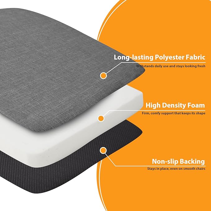 Ruqmuis Chair Cushions for Dining Chairs, 2" Thick Seat Cushions for Kitchen Chairs, D-Shaped Chair Pads with Washable Cover, Ties and Non Slip Backing, 17'' x 16'', Set of 6, Dark Grey
