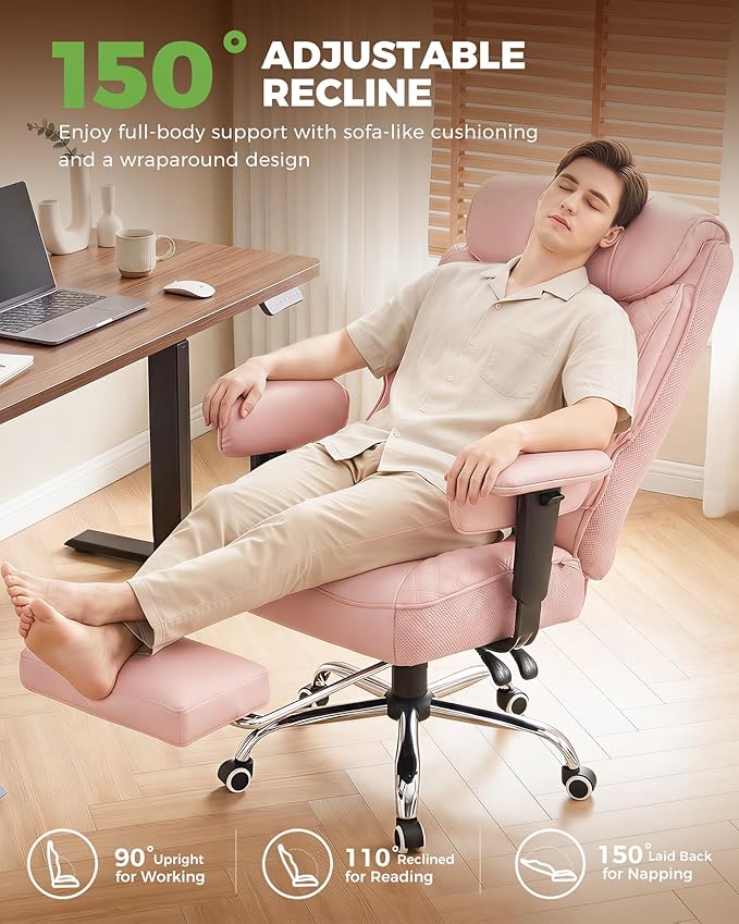 GTPLAYER Big and Tall Office Chair, High Back Computer Gaming Chair with Ergonomic Lumbar Support &Pocket Spring Cushion for Lower Back Pain Relief, Leather Executive Chair with Foot Rest, Pink