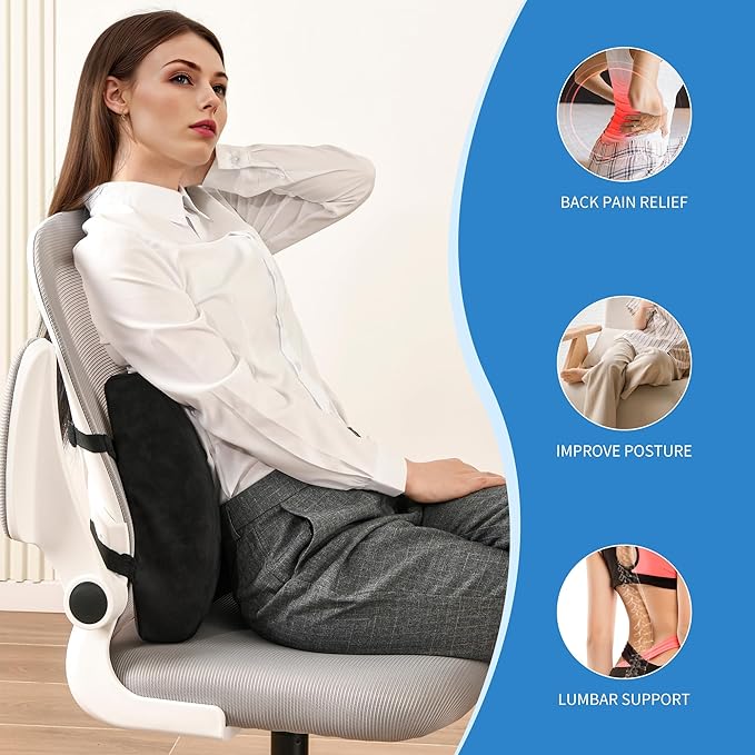 Lumbar Support Pillow for Office Chair - Memory Foam Back Cushion for Chair, Car, Couch - Lumbar Pillow Promotes Better Posture, Back Pain Relief with Adjustable Strap & Non-Slip