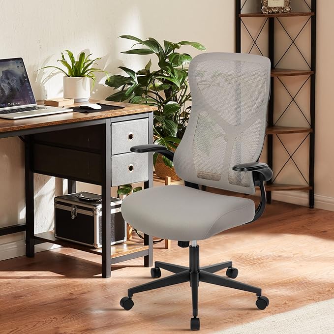 DUMOS Home Office Desk Chair - Ergonomic High Back Mesh Computer Chair with Comfy Flip-up Armrests, Adjustable Height Swivel Task Chair with Wheels, Comfortable Lumbar Support, for Adults, Gery