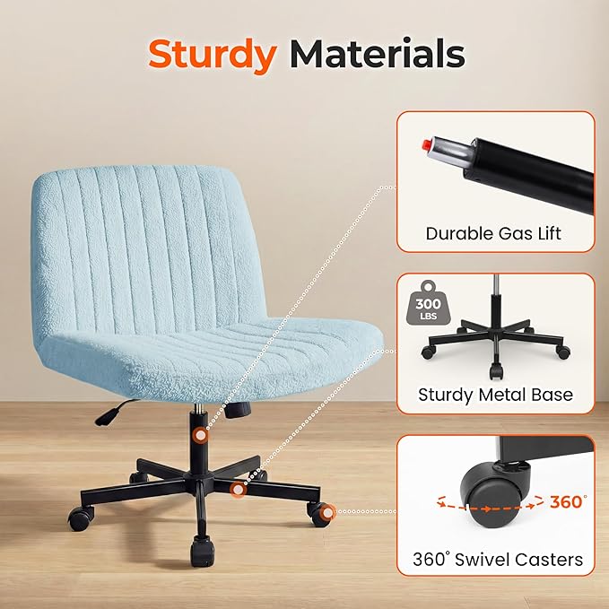 Orange Factory Criss Cross Chair Wheels Vanity Chair Office Desk Comfy Wide Cross Legged Armless Teddy Fabric Adjustable Swivel for Home Computer Task (Blue, Teddy Fleece)