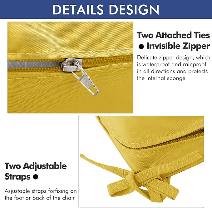 Outdoor Chair Cushions 22 x 22 Inch Water Resistant Patio Chair Cushions with Tie Color Fastness Thick Outdoor Seat Cushion for Garden Lawn Patio Furniture Yellow Set of 2