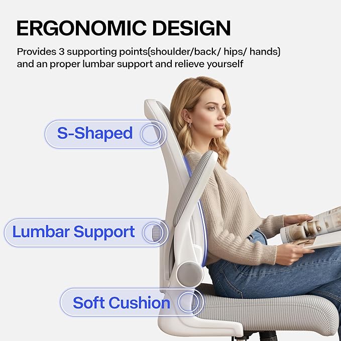 Office Chair, Ergonomic Desk Chair with Adjustable Lumbar Support Flip-up Arms,Comfortable Swivel Mesh Back Computer Chair Executive Task Chair for Home Office Use (Grey)