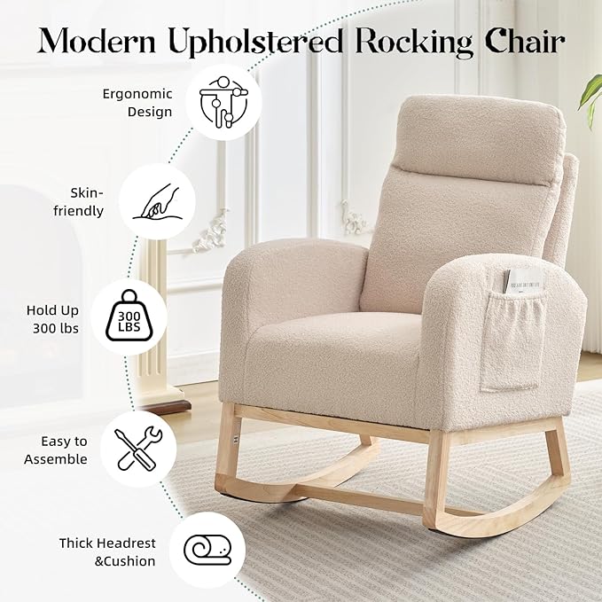 Nursery Rocking Chair, Comfy Modern Glider Rocking Chair with High Backrest and Armrest, Teddy Upholstered Rocking Accent Chair with Side Pockets for Living Room, Bedroom, Office,Beige