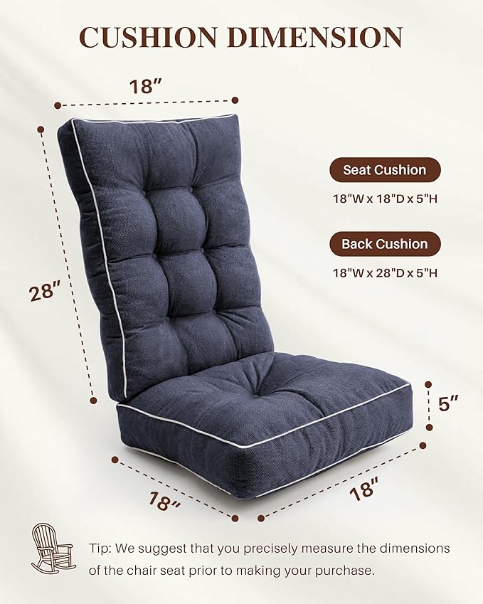 Rocking Chair Cushions Indoor, 5-inch Thicken Seat Cushion with Memory Foam Non-Slip Tufted Chair Pads Set of Seat & Back Cushion for Outdoor Rocker Living Room, Dark Blue, 28x18x5/18x18x5