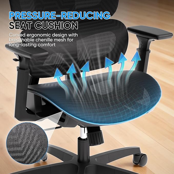 MoNiBloom Ergonomic Office Chair, High Back Mesh Desk Chair with Adjustable Headrest & 3D Armrests, Lumbar Support, 90–145° Recline, Height Adjustable Swivel Rolling Computer Chair for Office, Black