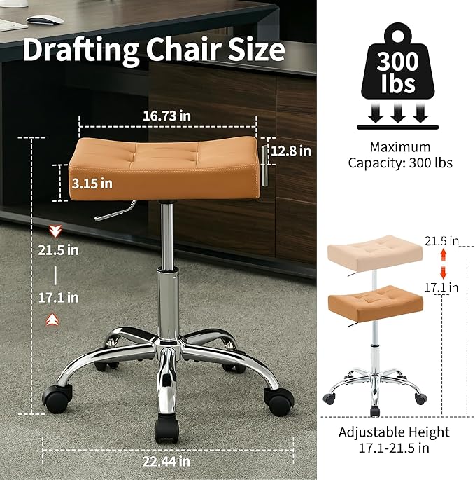 FIRAVOE Office Stool with Wheels (300lbs Capacity) (Adjustable Height 17"-21") Brown Faux Leather Workbench Stool (Camel Brown)