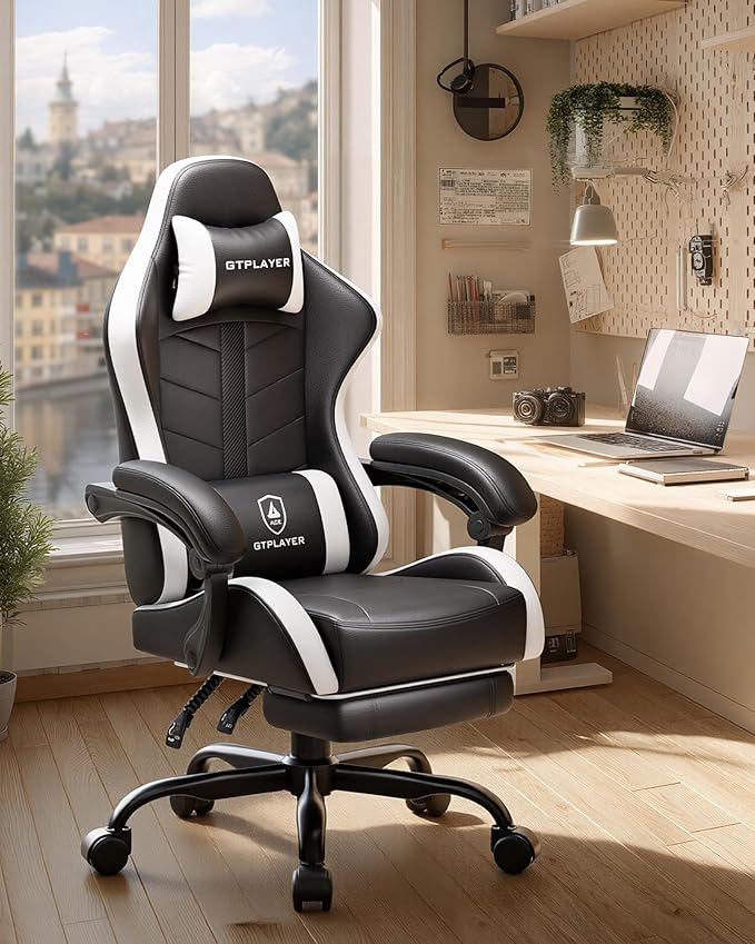 GTPLAYER Gaming Chair for Adults, Ergonomic Computer Gaming Chair with Footrest, Height Adjustable, 90-155° Recline & Removable Headrest Lumbar Support, Pearl White