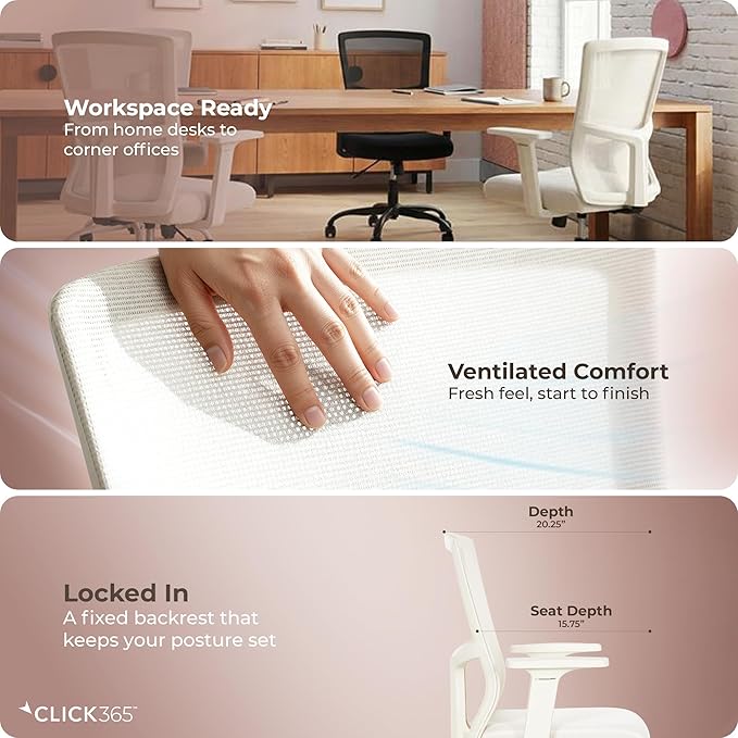 AeroCore M120 Ergonomic Mesh Office Chair, Breathable DeskChair with Lumbar Support, Cushioned Seat, Adjustable Height, Fixed Arms & Swivel, 275lbs Capacity, Cream