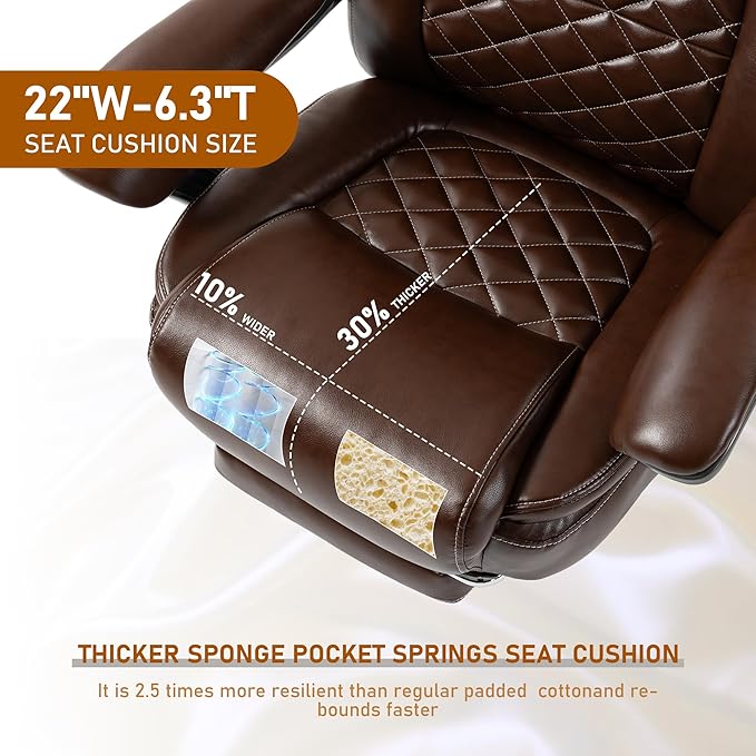 DYHOME 500 lbs Office Chair with Foot Rest, Ergonomic Reclining Big and Tall Office Desk Chair with Lumbar Support & Pocket Spring Cushion, High Back Computer Chair, PU, Thicker Seat Cushion (Brown)