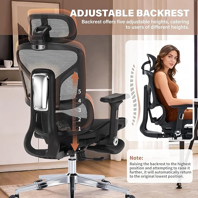 Ergonomic Office Chair with Footrest - 400lbs Heavy Duty Mesh Desk Chair, 5D Armrests, 3D Lumbar, 5 Level Backrest, Adjustable Headrest, Reclining High Back Swivel Chairs for Home Office