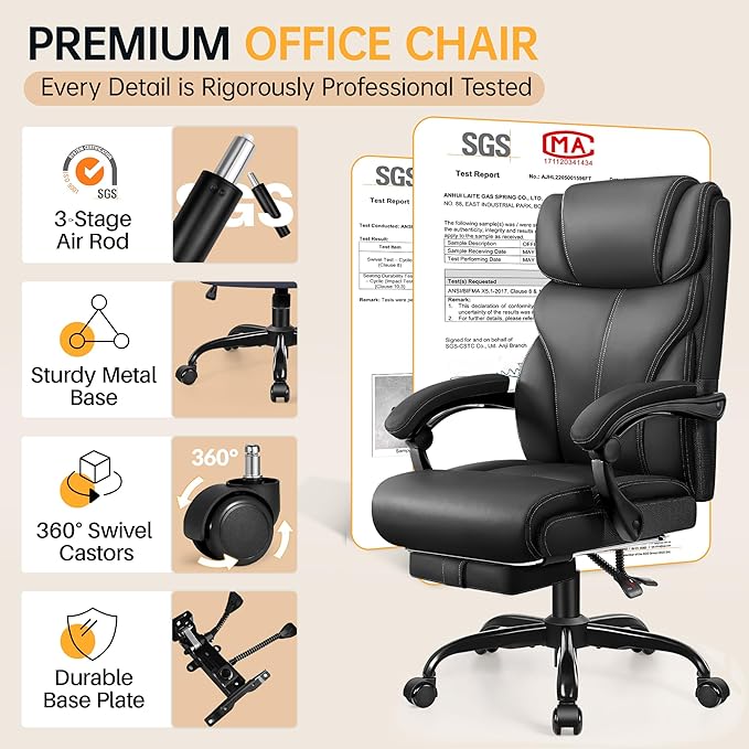 HeroSet Office Chair, Executive Big and Tall Leather Desk Chairs with Footrest, Ergonomic Breathable Computer Chair with Adjustable High Back, Lumbar Support Swivel PC Chairs