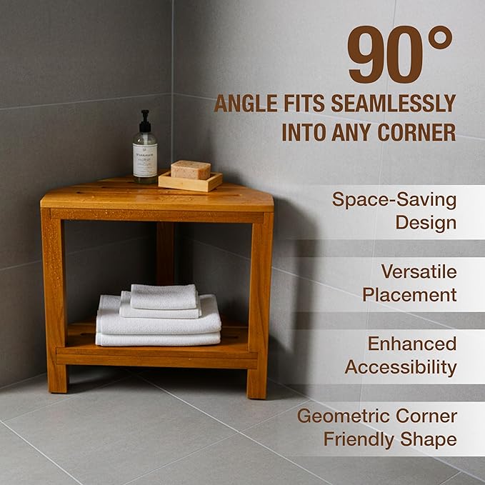 20" Corner Shower Stool for Inside Shower, Acacia Wood Shower Foot Rest for Shaving Legs with Storage Shelf, Waterproof Wooden Shower Bench Seat
