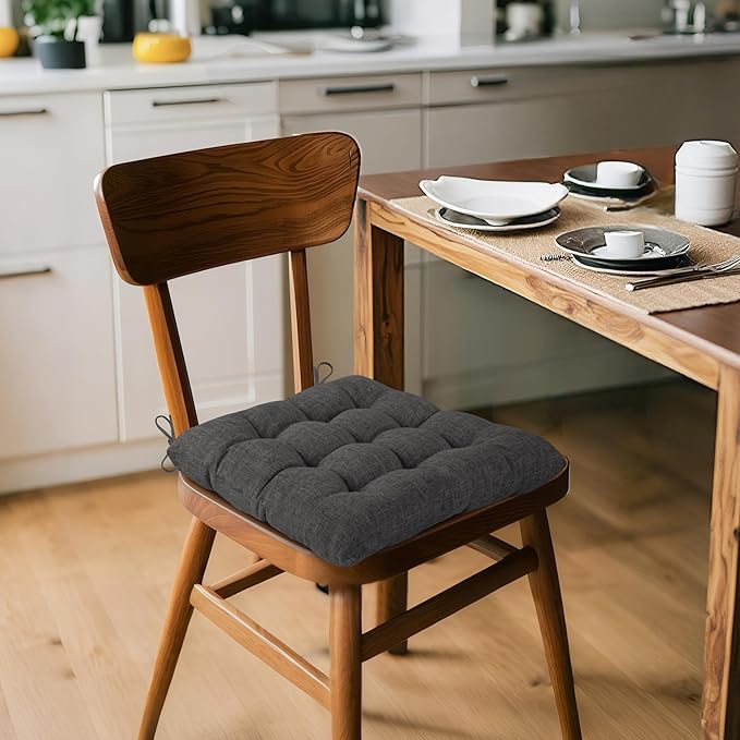 ELFJOY 4 Pack Chair Cushions for Dining Chairs Chair Pads Cushion for Kitchen Office Tufted Textured Square Seat Cushion with Ties (16" Dark Grey)