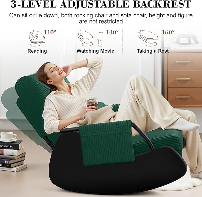 FelixKing Rocking Chair Nursery, Low-Seat Glider Chair, Upholstered Rocking Chair with Side Pocket and Foot Rest, Comfortable Modern Accent Armchair Recliner for Mom Nursery Living Room Bedroom Green