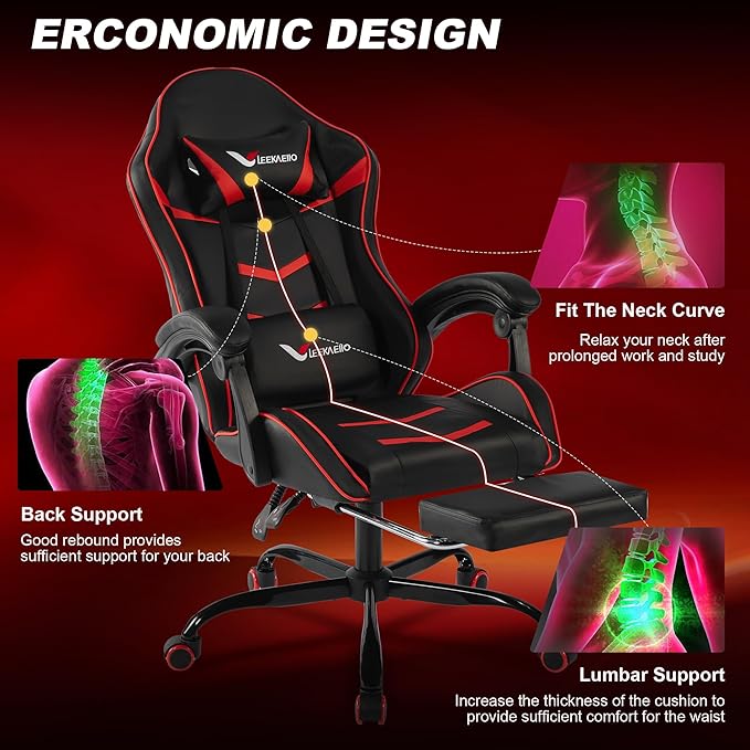 Gaming Chair for Adults, Ergonomic Gamer Chair with Footrest, Spring Pocket Cushion, Computer Office Desk Reclining Chair with Enlarged Metal Base, Linkage Armrests, Lumbar & Headrest (Red)