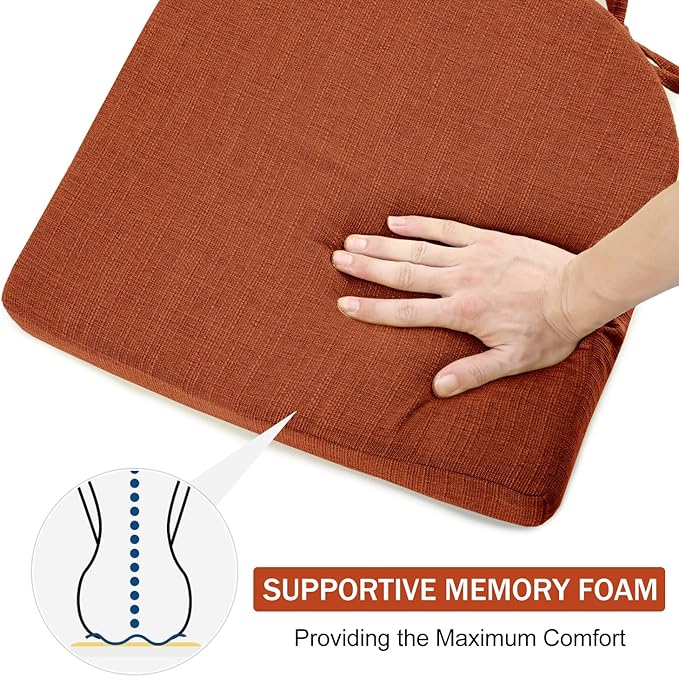 downluxe Indoor Chair Cushions for Dining Chairs, Soft and Comfortable Textured Foam Kitchen Chair Pads with Ties and Non-Slip Backing, 16" x 16" x 2", Orange, 6 Pack