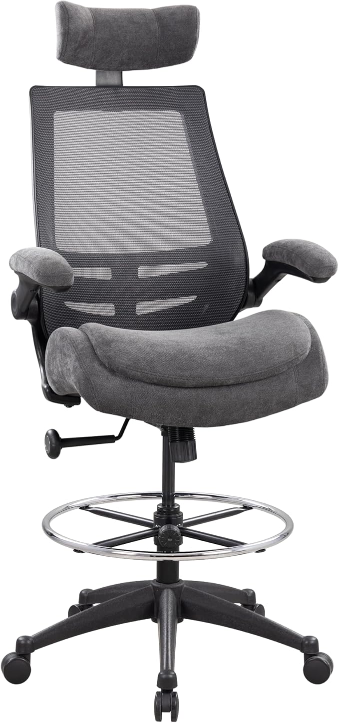Ergonomic Drafting Chair Tall Office Chair for Standing Desk - 400lbs Mesh Computer Stool with Adjustable Footring, Dual Seat Cushion, and Space-Saving Flip-Up Arms for Counter Height Work