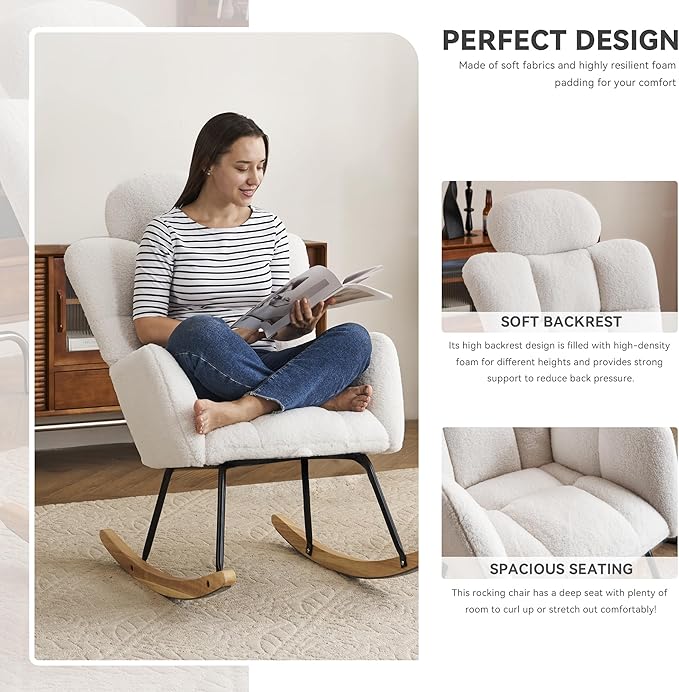 FOXHUNTER Rocking Chair Nursery with Thick Headrest, Upholstered Reading Glider Rocker Accent Armchair with High Backrest Rocker Recliner Chair for Adult Living Room Bedroom, Teddy Ivory
