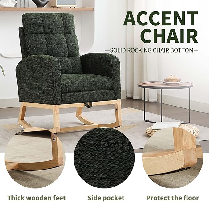 40" Fabric Nursing Rocking Chair, Nursery Chairs with Adjustable Foot Rest, High Backrest Upholstered Arm Chair with Side Pockets, Wood Rocking Chair for Living Room, Bedroom, Baby Room (Dark Green 1)