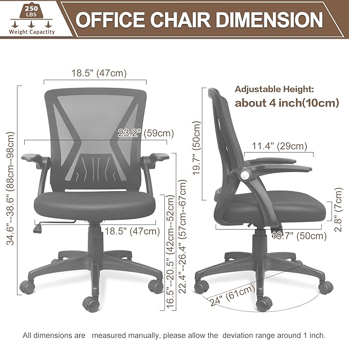 Mesh Ergonomic Office Computer Desk Chair Height Adjustable with Flip Up Armrest and Lumbar Support for Home