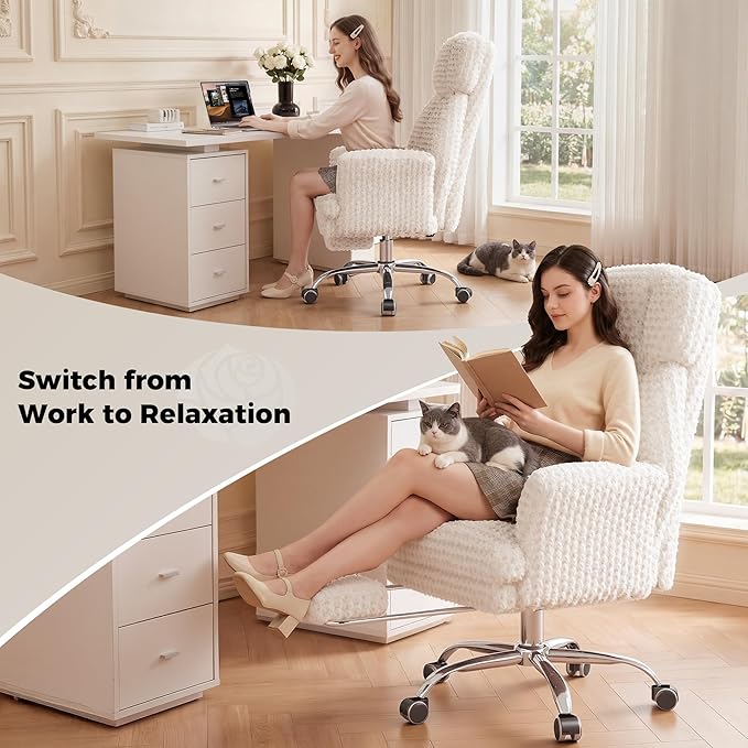 HOMRELEXA Big and Tall Office Chair, Flip Armrests for Pets & Cross Legged Sitting, Executive Ergonomic Computer Gaming Chair with Foot Rest, White Rose Velvet Wide Seat Reclining Desk Chair