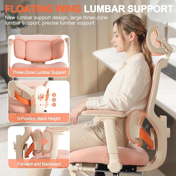 Ergonomic Office Chair with 4D Flip-Up Arms & Footrest, Mesh Desk Gaming Chair with 3D Headrest & 2D Floating Wing Lumbar Support, High Back Computer Chair for Home Office Vanity, Pink