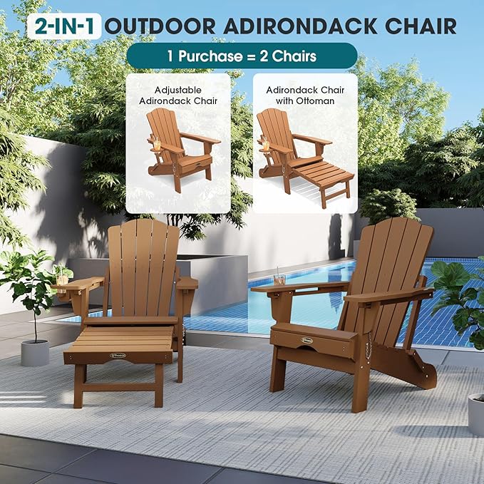 THOEOE Adjustable Adirondack Chair with Retractable Ottoman, HDEP Folding Adirondack Chairs with Footrest 2-in-1 Cup Holder, All Weather Outoor Fire Pit Chair with Foot Rest Set 1 Wood
