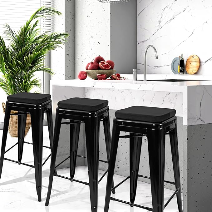 SINOSSO Magnetic Memory Foam Metal Stool Cushions Set of 2, Luxury Velvet Bar Cafe Stackable Chair Seat Pads, Non-Slip & Washable (Square, Black, 2)