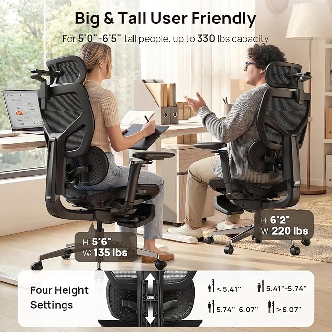Ergonomic Office Chair with Lumbar Support - Over 10 Hours Sitting Comfortable, Mesh Big and Tall Home Computer Desk Chairs, 4D Headrest, 2-Gear Footrest, 630° Armrst, Seat Depth Adjustable