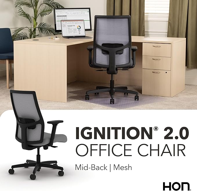 HON Ignition 2.0 Mid Back Task Chair, Standard Synchro-Tilt Control, Office Chair with Lumbar Support, Height and Width Adjustable Arms, Black Frame, Frost