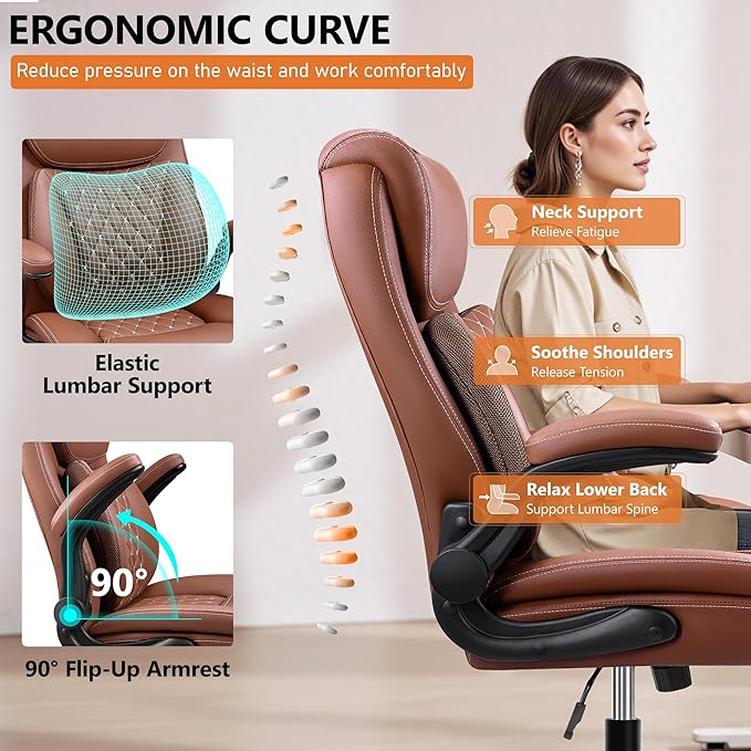 BESTFAIR Office Chair, Ergonomic Computer Desk Chairs with Lumbar Support for Lower Back Pain Relief, Executive Leather Home Chair Comfy with Padded Flip-up Armrests, Brown, 6-Pack