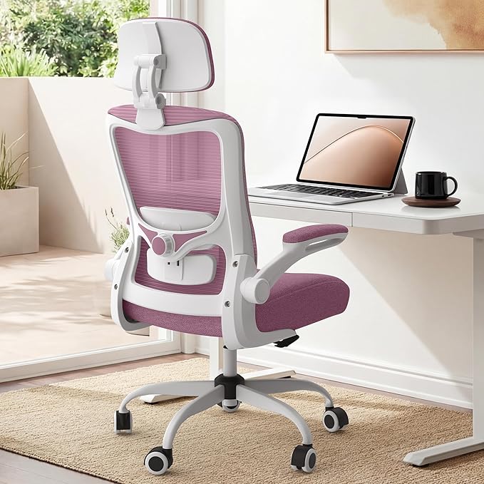 Office Chair, Ergonomic Mesh Desk Chair with Adjustable Lumbar Support and Headrest, Flip-up Armrests, High Back Computer Task Chair for Home and Executive Office (W-All Purple)