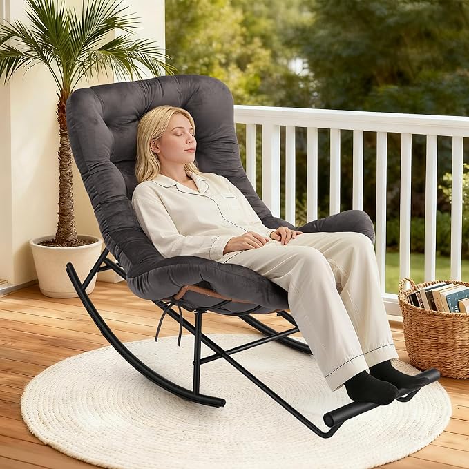 Jojoka Oversized Papasan Rocking Chair with Integrated Detachable Foot Rest, Thick Removable Cushion, PE Rattan Metal Frame Lounge Chair for Indoor Outdoor Patio, Garden, Porch, Living Room