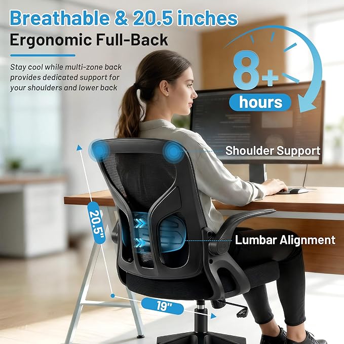 Office Chair Ergonomic Desk Chair with Adjustable Lumbar Support, High Back Breathable Mesh Chair with 120° Tilt Function & Flip-Up Armrests, Swivel Comfy Task Computer Chair for Work, Study