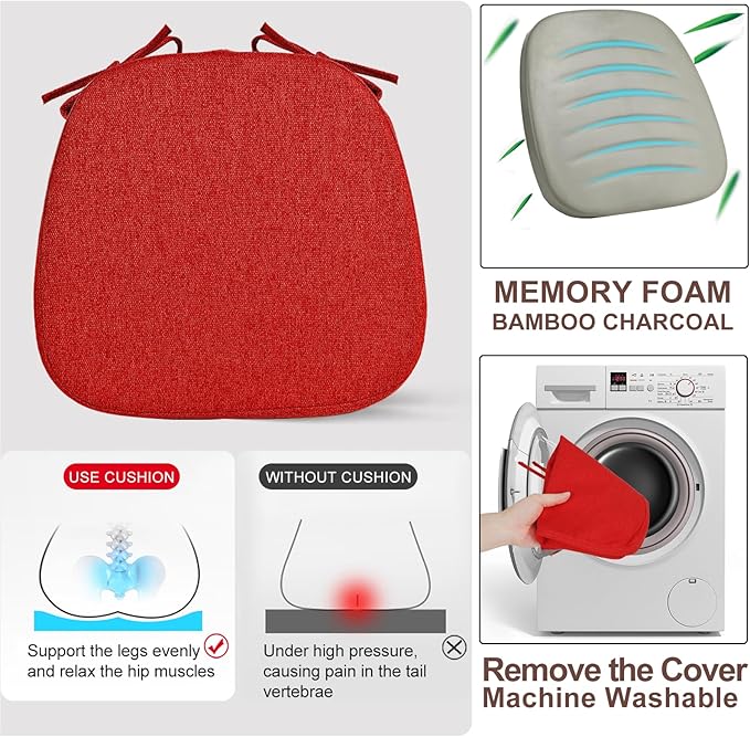 SINOSSO 1 Pack Memory Foam Chair Cushions for Dining Chair, Friendly Woven Fabric 16" U-Shape Comfortable Kitchen Chair Pad, Removable Slip Resistant Seat Cushion (1 Piece, Red)