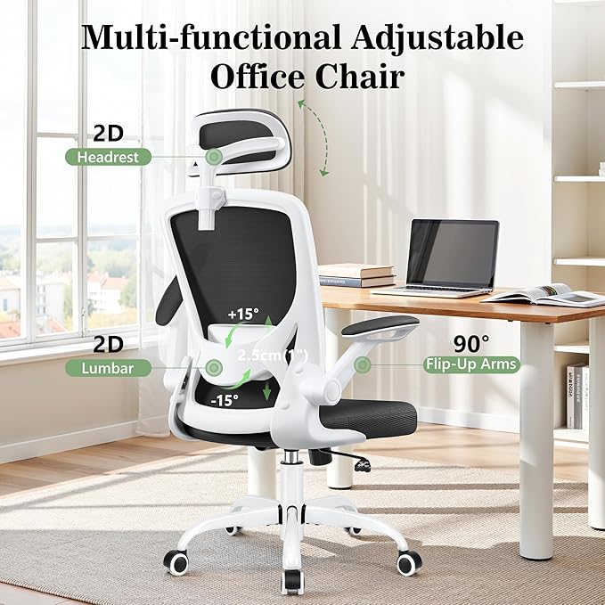 BESTFAIR Office Chair Ergonomic Desk Chair, Breathable Mesh Office Chairs with Adjustable Lumbar Support, Flip-Up Arms, Computer Desk Chair Comfy for Home Office, White