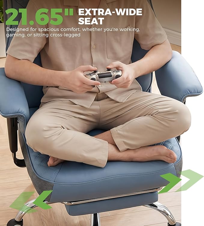 GTPLAYER Big and Tall Office Chair, High Back Computer Gaming Chair with Ergonomic Lumbar Support &Pocket Spring Cushion for Lower Back Pain Relief, Leather Executive Chair with Foot Rest, Blue