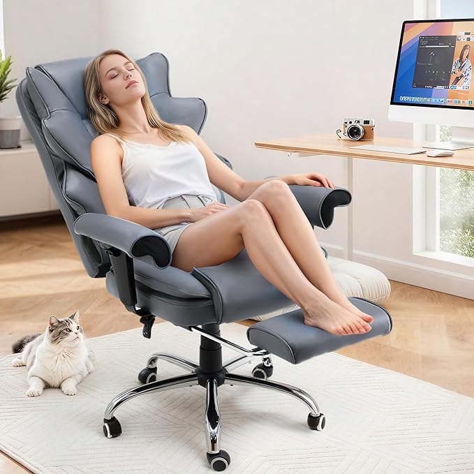 HOMREST Grey Ergonomic Office Chair with 6-Point Vibration Massage & Heat – Reclining Executive Chair with Adjustable Footrest and Armrests, PU Leather Big and Tall Home Office Desk Chair