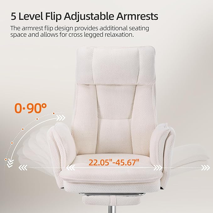 TonghuaS Criss Cross Office Desk Chair with Foot Rest and Flip Armrests for Pets Friendly & Extra Space, Ergonomic Reclining Gaming Computer Chair with Lumbar Pillow(Chenille Fabric Off-White)