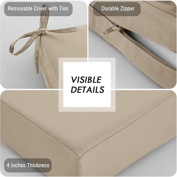 idee-home Outdoor Chair Cushions Set of 4, Waterproof Outdoor Seat Cushions for Patio Furniture, Outside Replacement Chair Pad with Ties for Lawn Deck Porch, 19 x 19 Beige