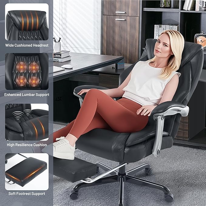 Massage Office Chair with Heat & Foot Rest, 6 Points Vibration, Ergonomic Executive Reclining Desk Chair, PU Leather Padded Seat for Home Office Comfort