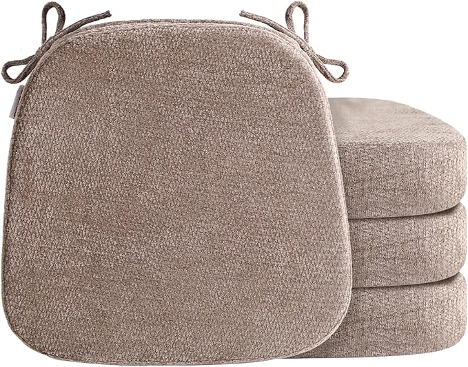 D-Shaped Chair Cushions for Dining Chairs, 2.5” Thick Chair Pads with Washable Comfortable Textured Cover, Non Slip Kitchen Chair Cushions with Ties,16.5" x 16.5", 4 Pack, Brown