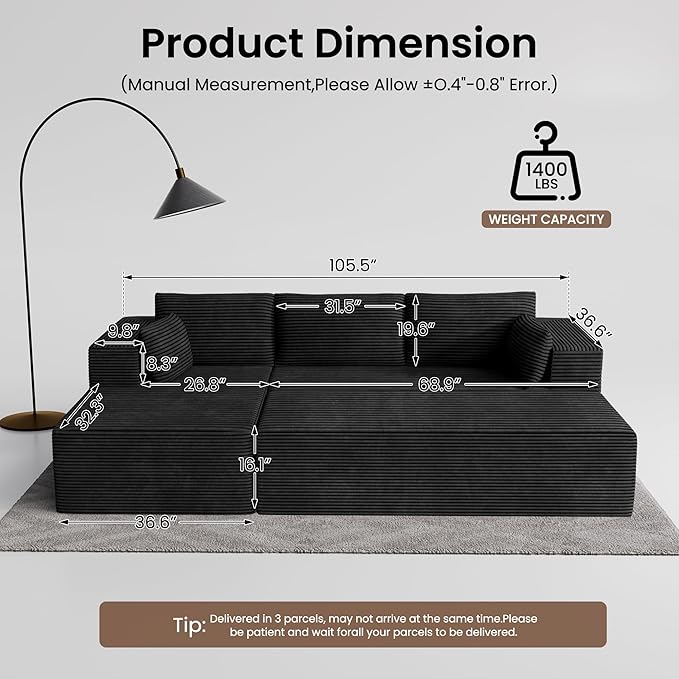 GRUSIGN 106" Oversized Sectional Boneless Sleeper Sofa Bed Couches for Living Room, Modular L Shaped Couch with Left Facing Chaise & Big Ottoman, Compressed Spineless Corduroy Cloud Sofas, Black | Deep Seat, Cat-Claw Resistant, High-Resilience Foam, Fl...
