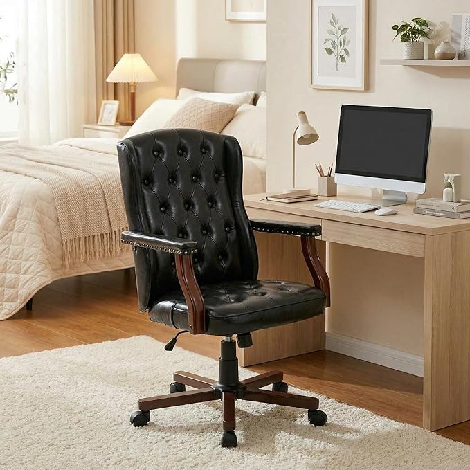 Executive Office Chair, Ergonomic Faux Leather Desk Chair with Wingback Design, Swivel Adjustable Home Office Chair for Computer Desk, Comfortable Task Chair for Home Office, Black