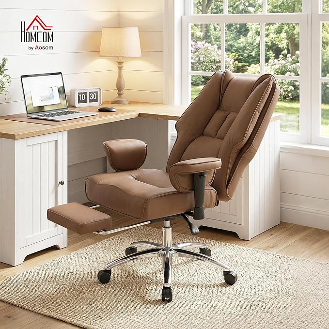 HOMCOM Ergonomic Executive Office Chair with Foot Rest, Reclining Swivel Computer Desk Chair with Adjustable Armrests, Spring Seat, High Back, Thick Cushion, Pet Friendly Faux Leather, Brown