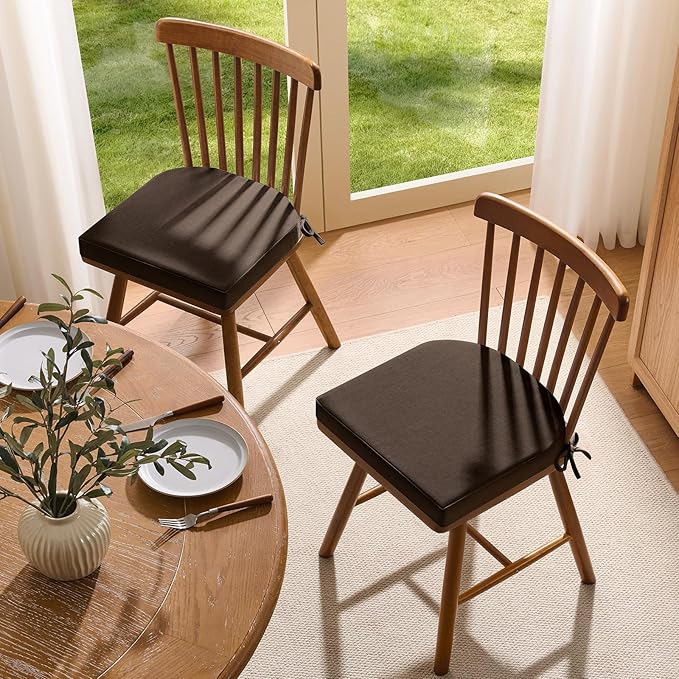 downluxe Chair Cushions for Dining Chairs, Memory Foam Linen Kitchen Chair Pads with Ties, Waterproof, Stain-Resistant and Washable Cover, 17" x 16" x 2.5", Brown, 6 Pack