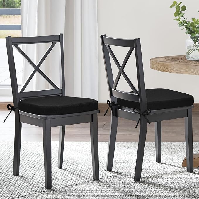 Shinnwa Dining Chairs Pads Set of 4, Patented Design Memory Foam Kitchen Chair Cushions with Ties and Washable Cover, 4 Pack, 17" x 16" x 2", Black